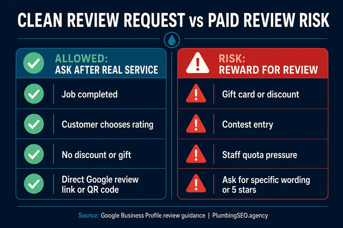 Clean Google review request versus paid review risk for plumbing companies