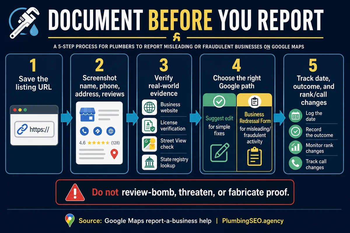 Five-step documentation process for plumbers before reporting a fake Google Maps competitor.