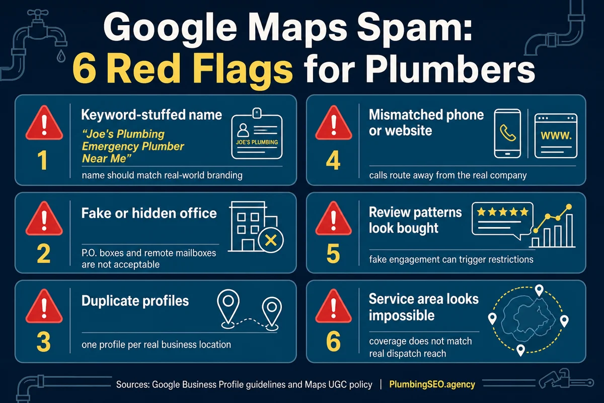 Six red flags plumbers can use to spot Google Maps spam before reporting fake competitors.