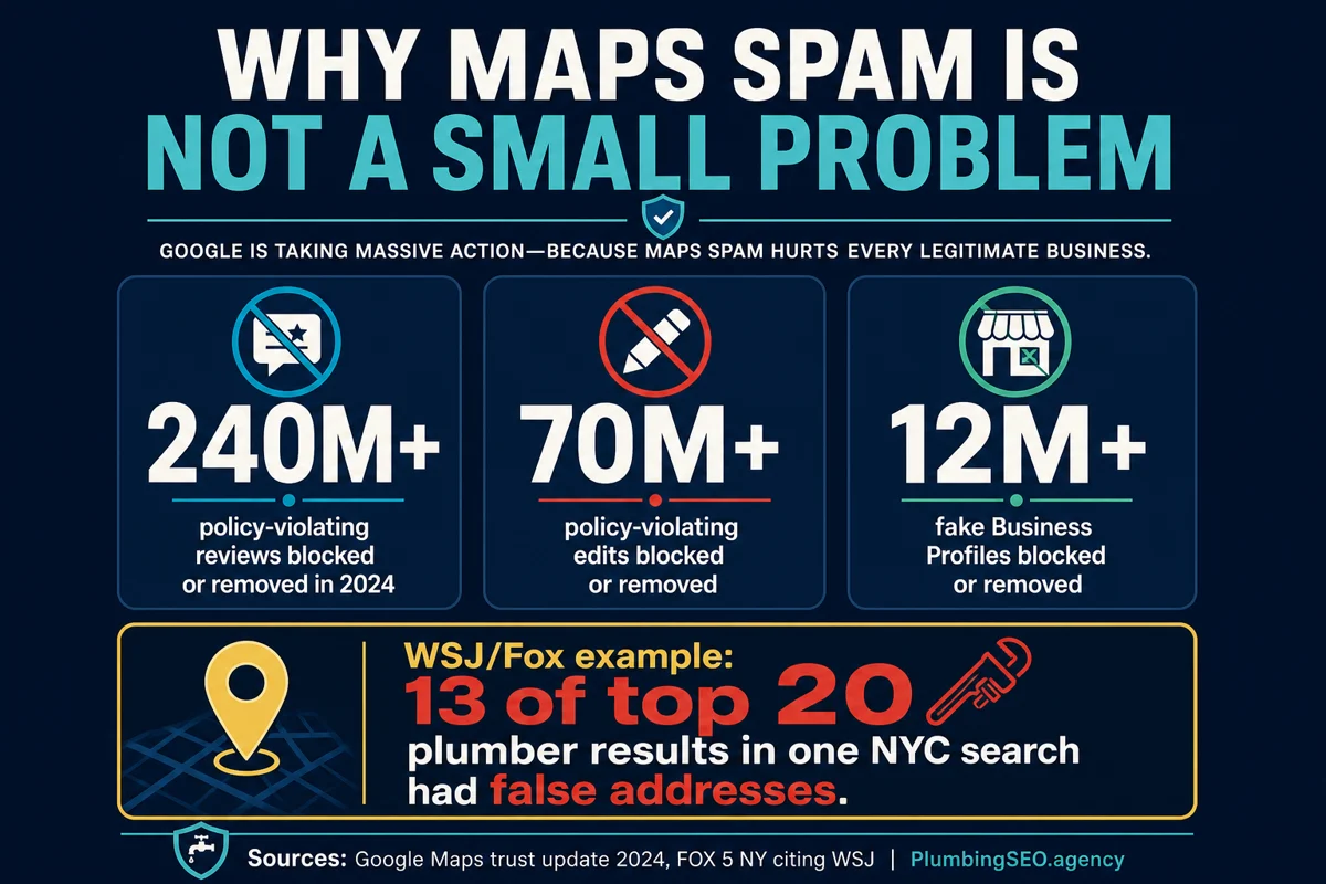 Infographic showing the scale of Google Maps spam, including removed reviews, edits, fake profiles, and a plumber false-address example.