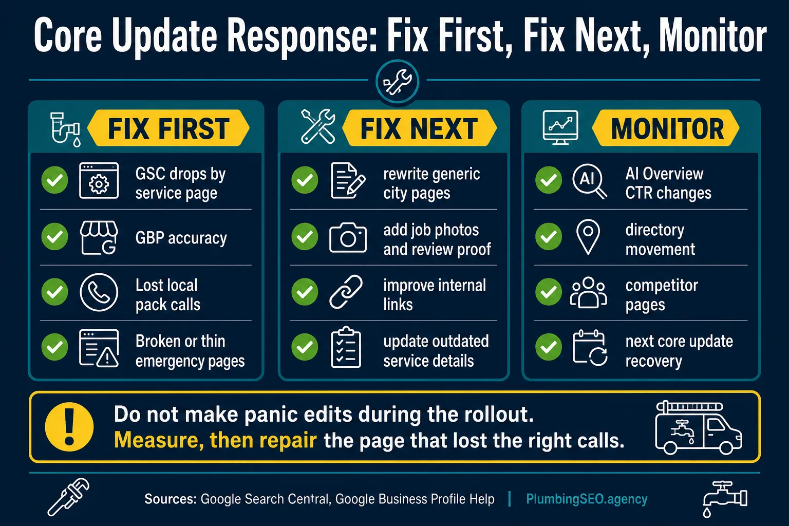 Fix first, fix next, and monitor response plan for plumbing company rankings after a core update