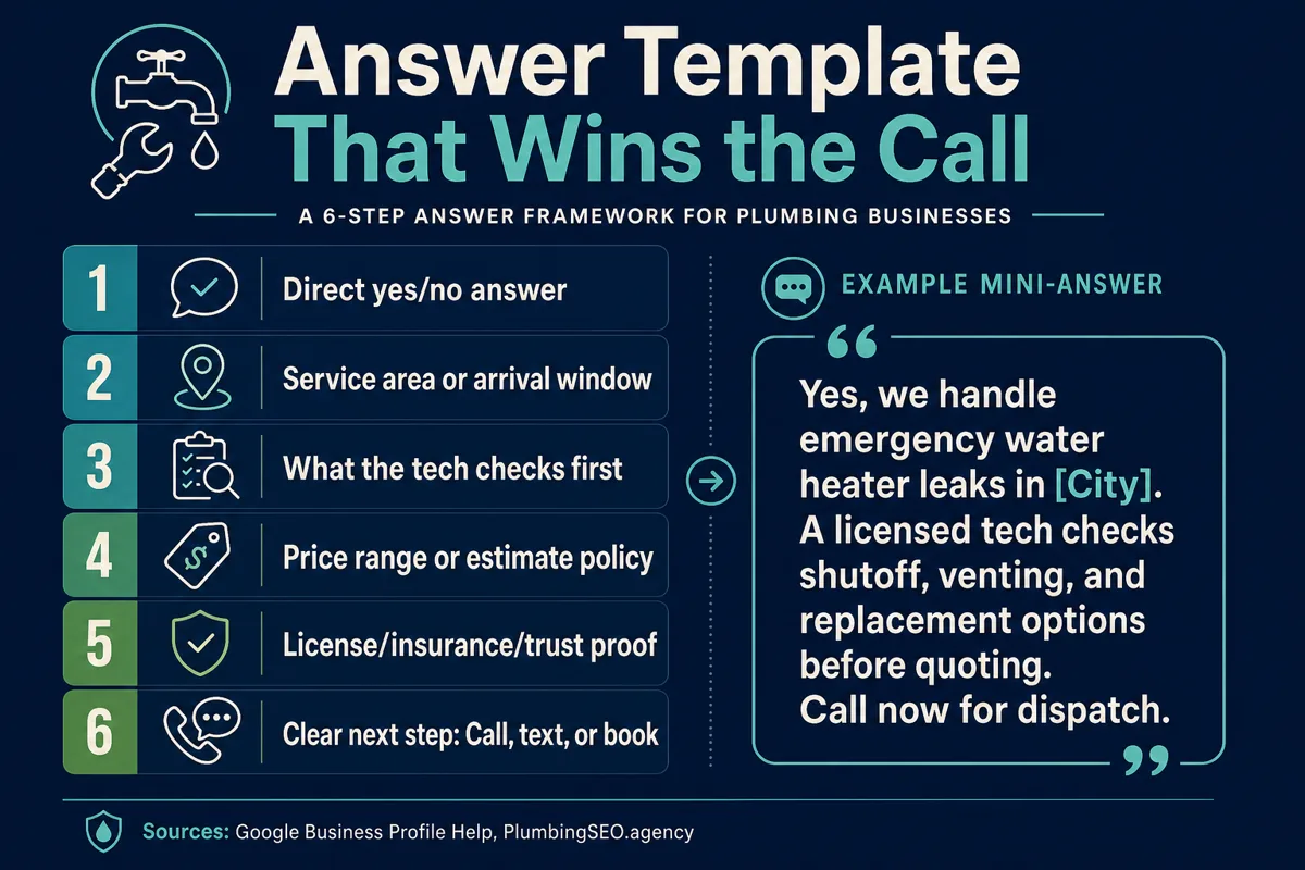 Infographic showing a six step answer template for plumber Google Q and A responses