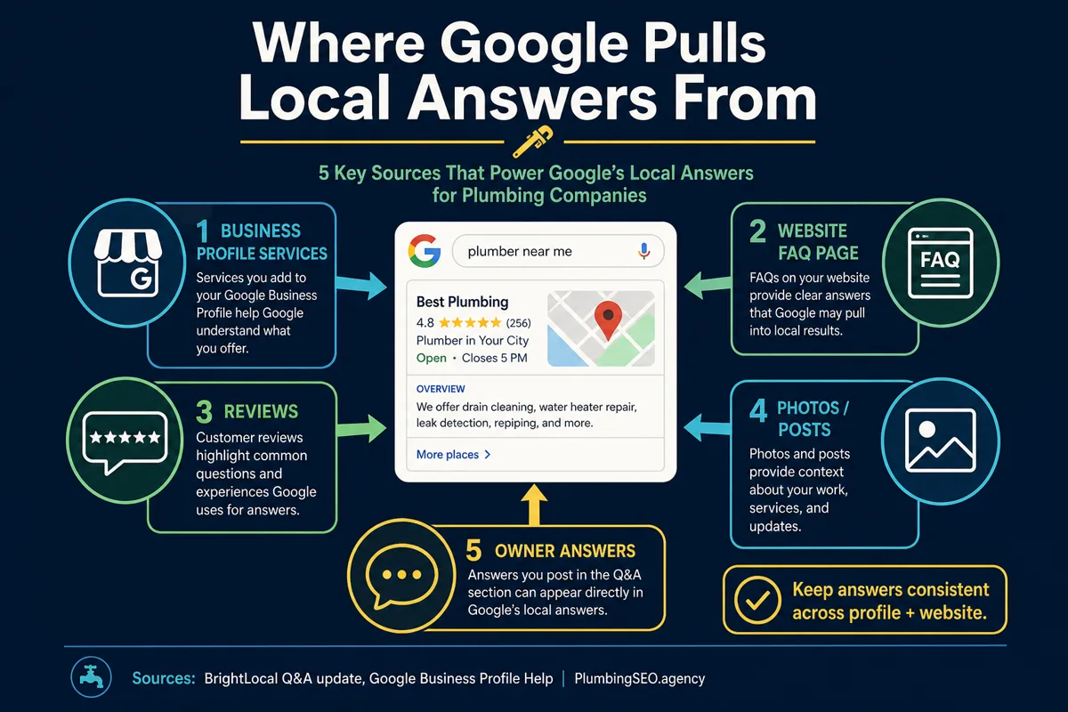 Infographic showing Google local answers pulling from Business Profile services, website FAQ, reviews, photos and owner answers