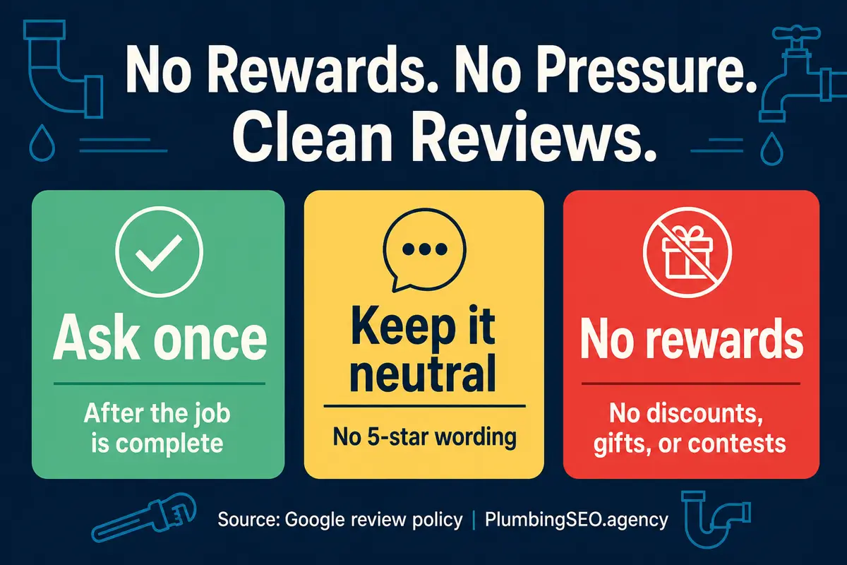 Infographic showing no rewards no pressure and clean Google reviews for plumbing companies