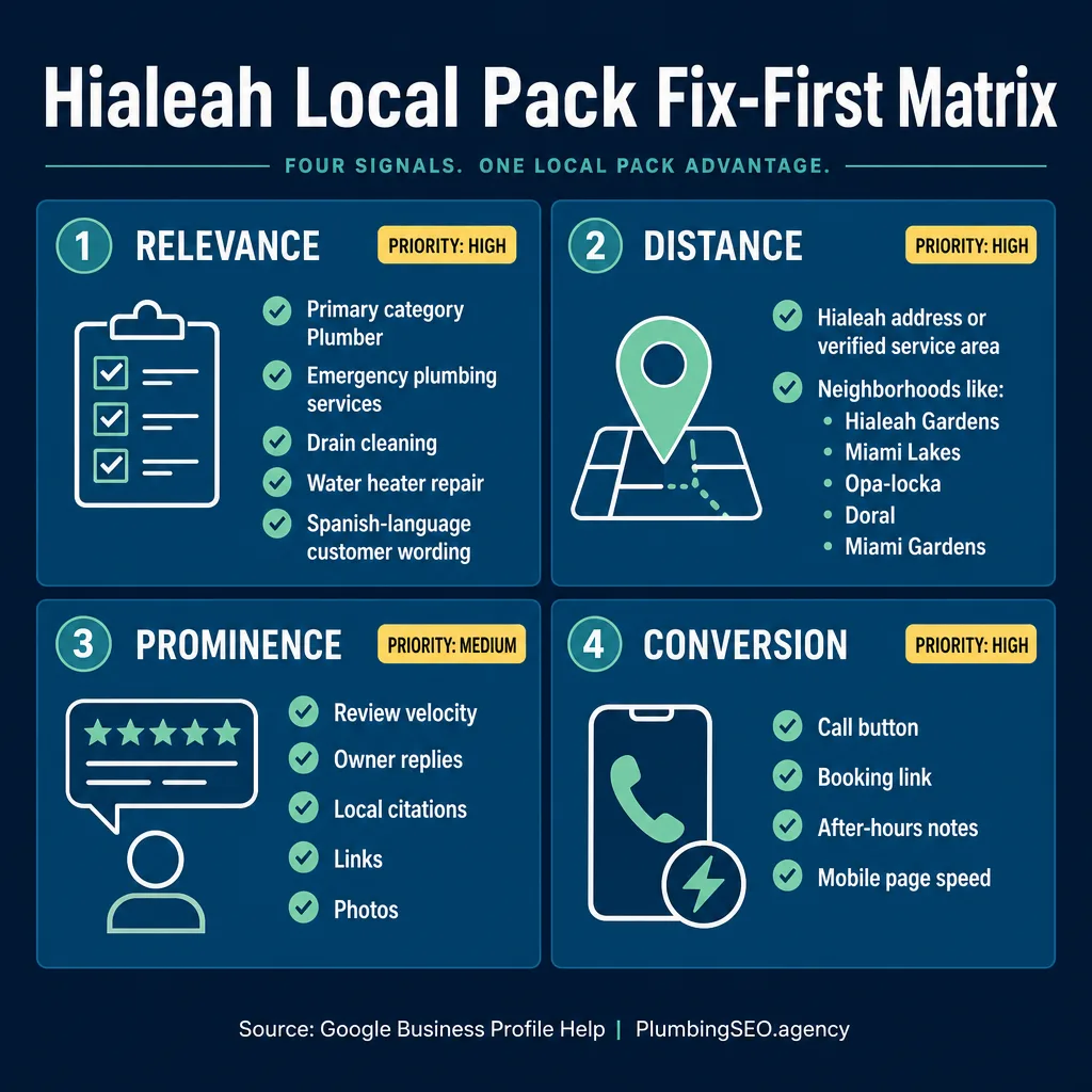 Hialeah plumbing SEO local pack fix-first matrix