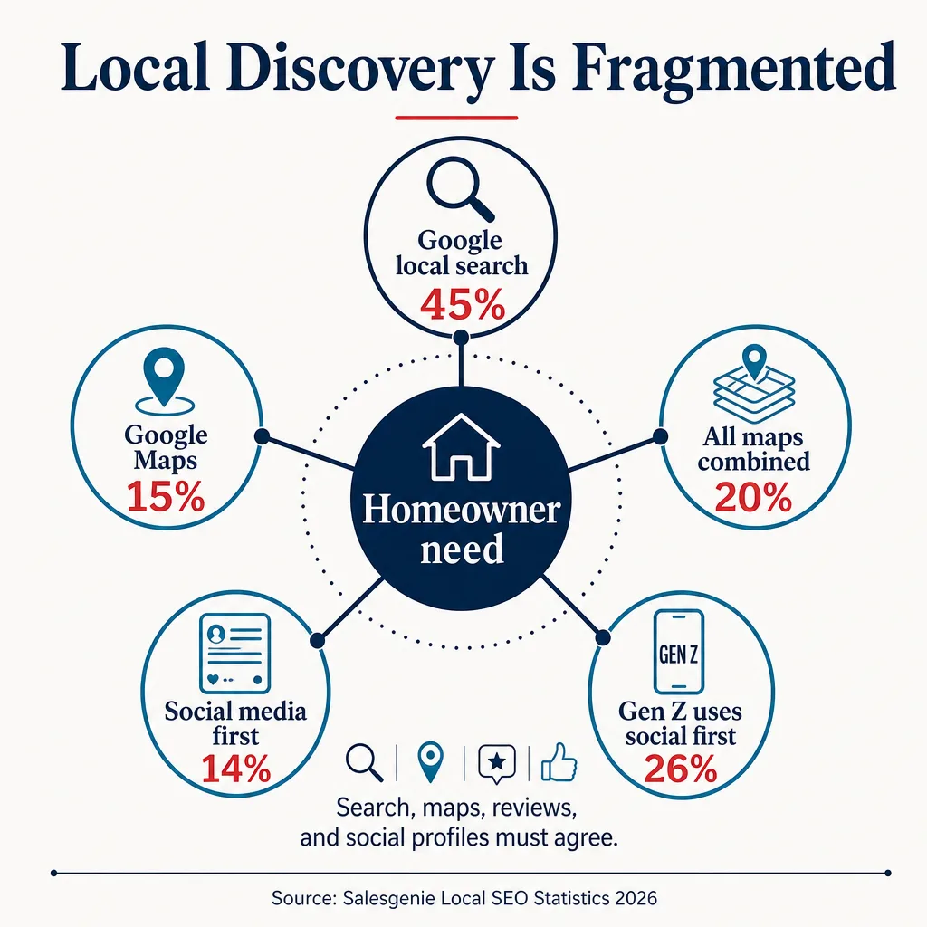 Local discovery infographic showing Google search, maps, and social media percentages for home service consumers