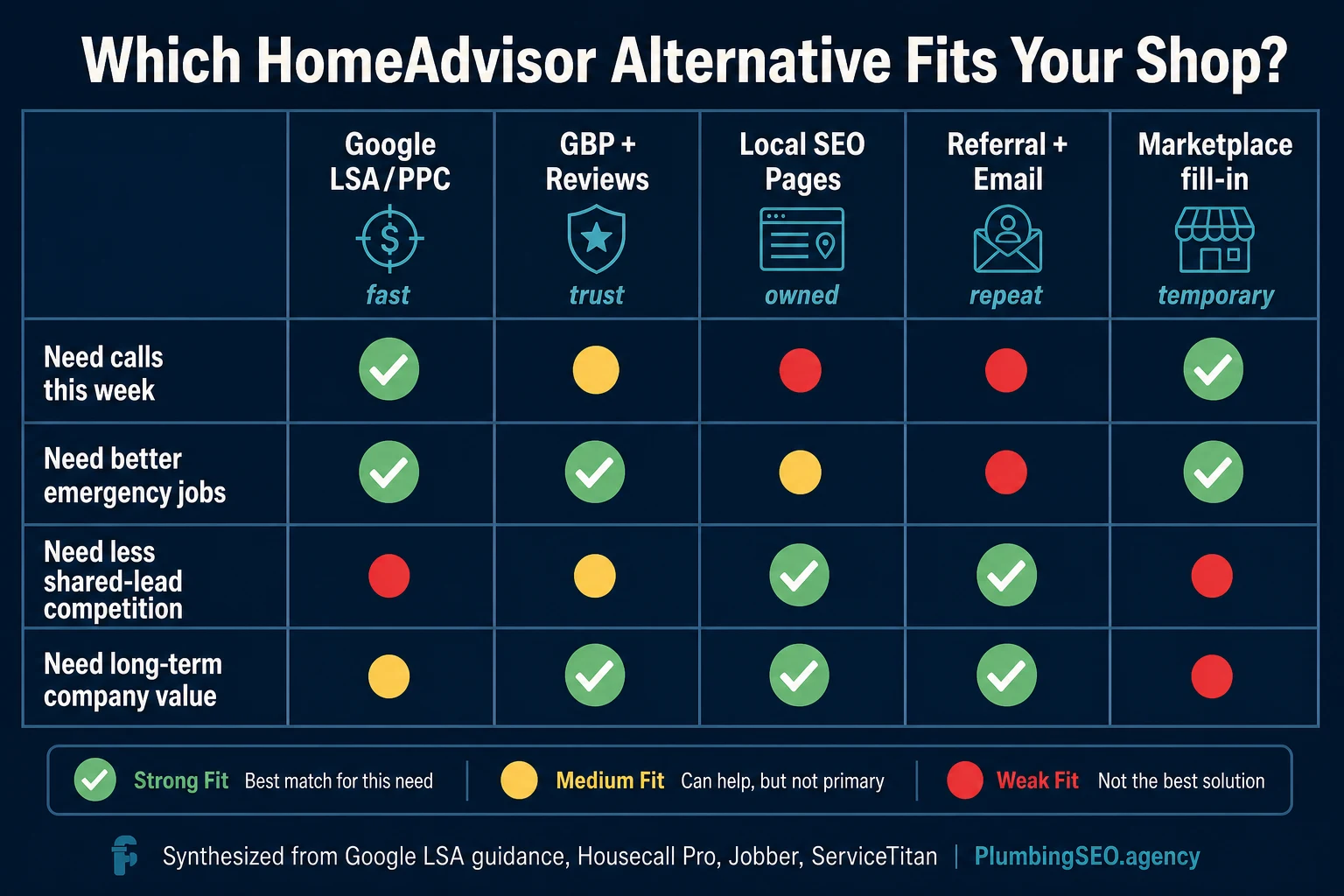 Decision matrix showing which HomeAdvisor alternative fits different plumbing company needs