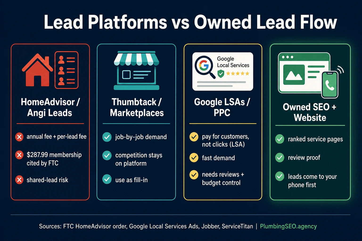 Comparison of HomeAdvisor, Thumbtack, Google Local Services Ads, and owned SEO lead flow for plumbers