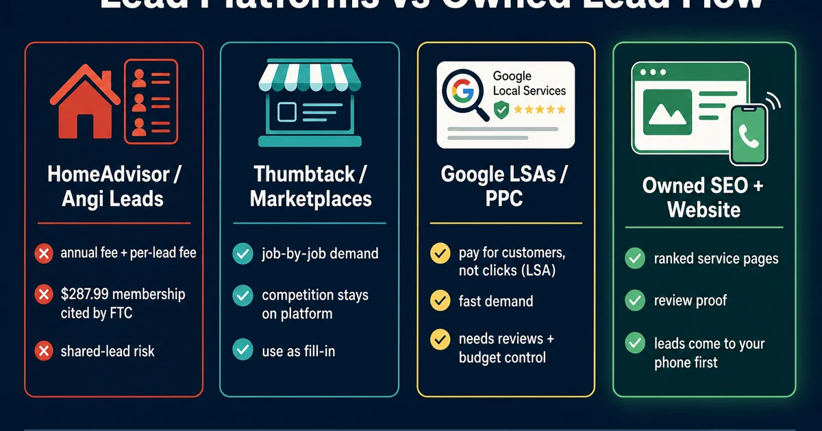 HomeAdvisor alternatives for plumbers comparison showing rented platforms, Google ads, and owned SEO lead flow