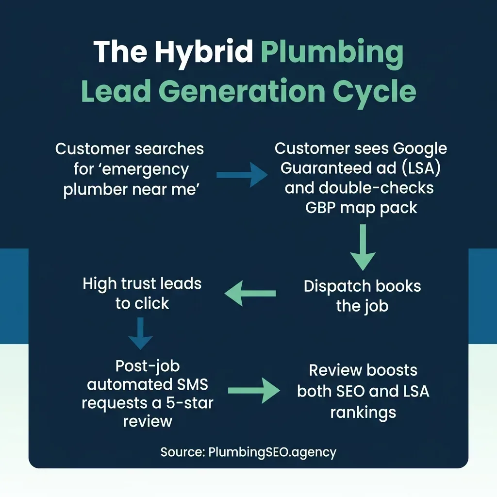 The customer search loop showing how organic search presence and LSA work together to secure booked plumbing jobs.