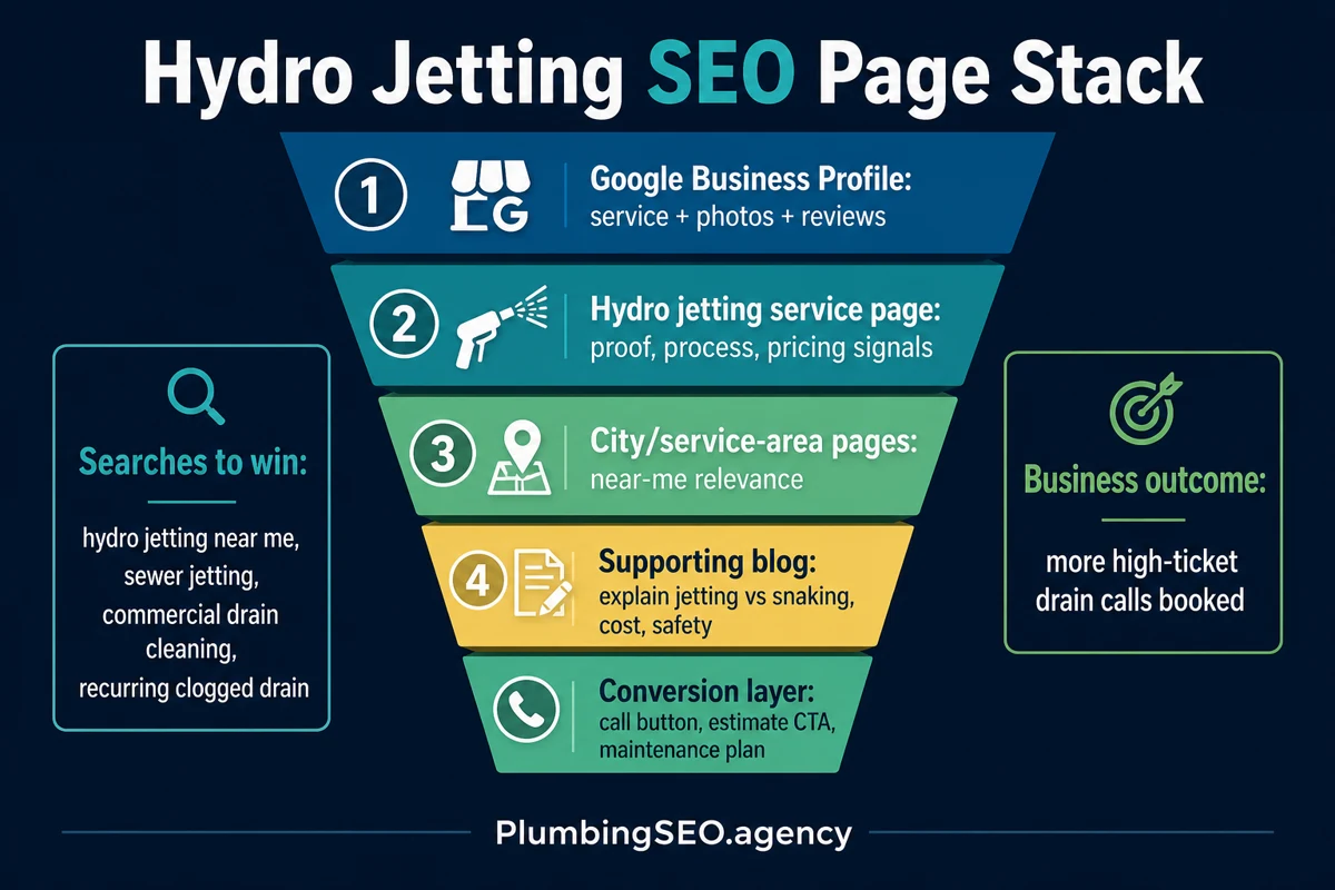 Hydro jetting SEO page stack with Google Business Profile, service page, city pages, support blog, and conversion layer