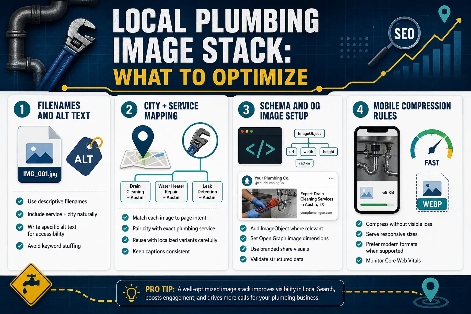 Infographic of a local plumbing image stack with service, city, schema, and speed components