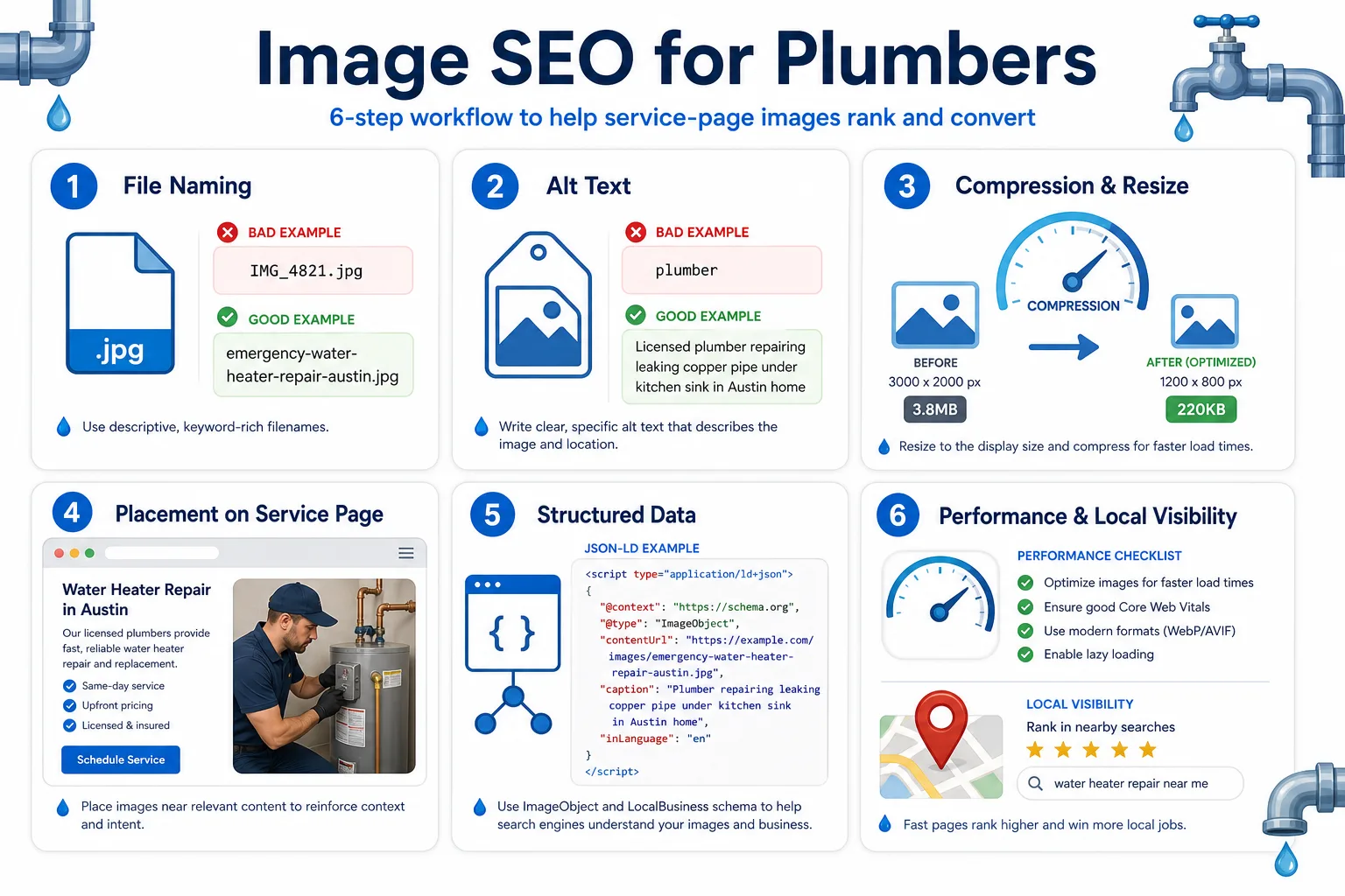 Infographic checklist showing 6-step image SEO workflow for plumbers