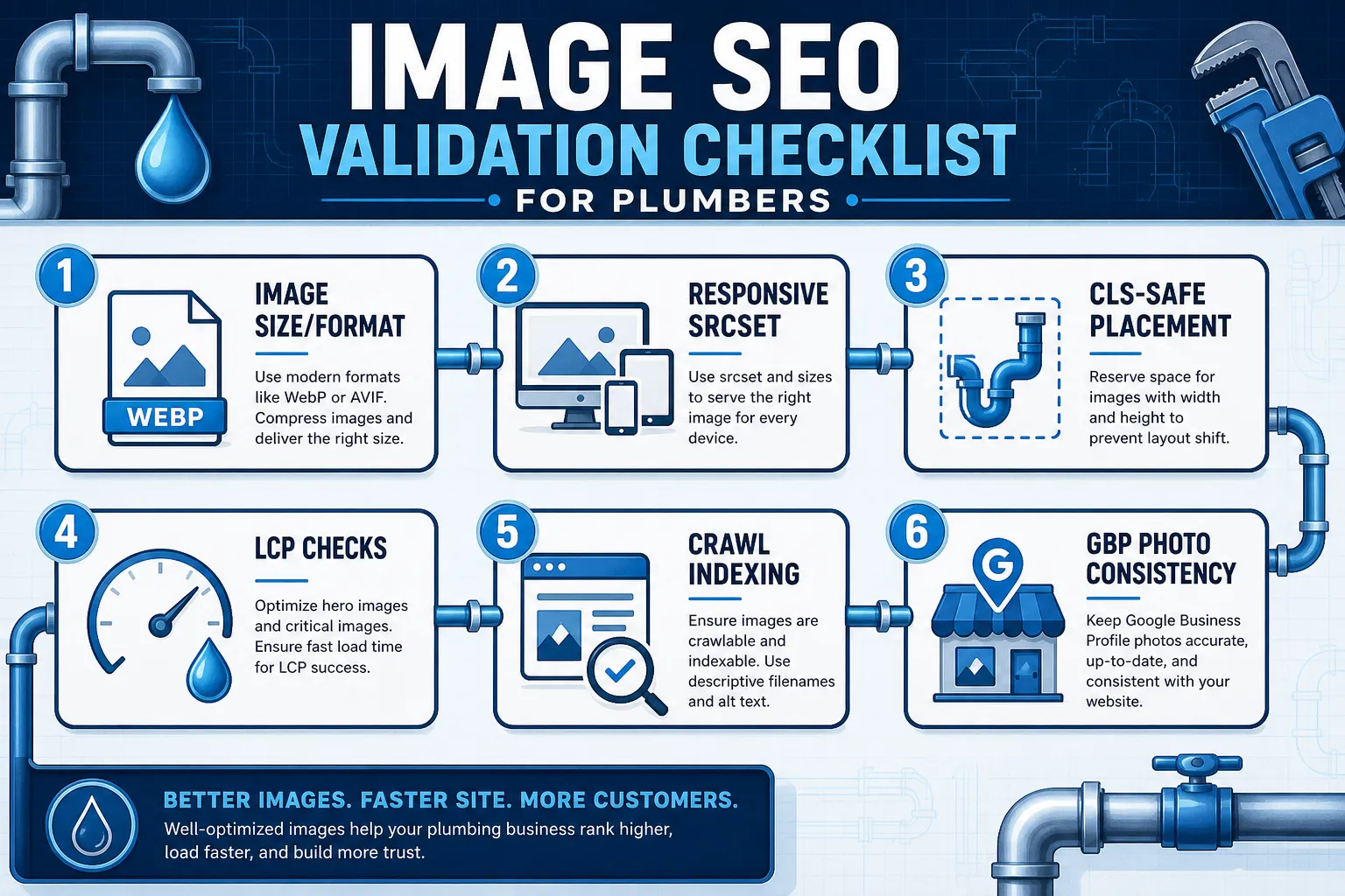 Infographic checklist for validating image SEO including file size, responsive images, CLS checks, LCP, indexing and GBP consistency