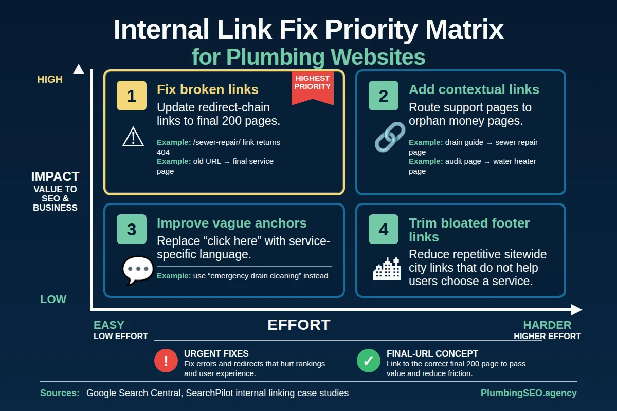 Priority matrix for internal link fixes on plumbing websites including orphan money pages, broken links, redirects, generic anchors, and footer link farms