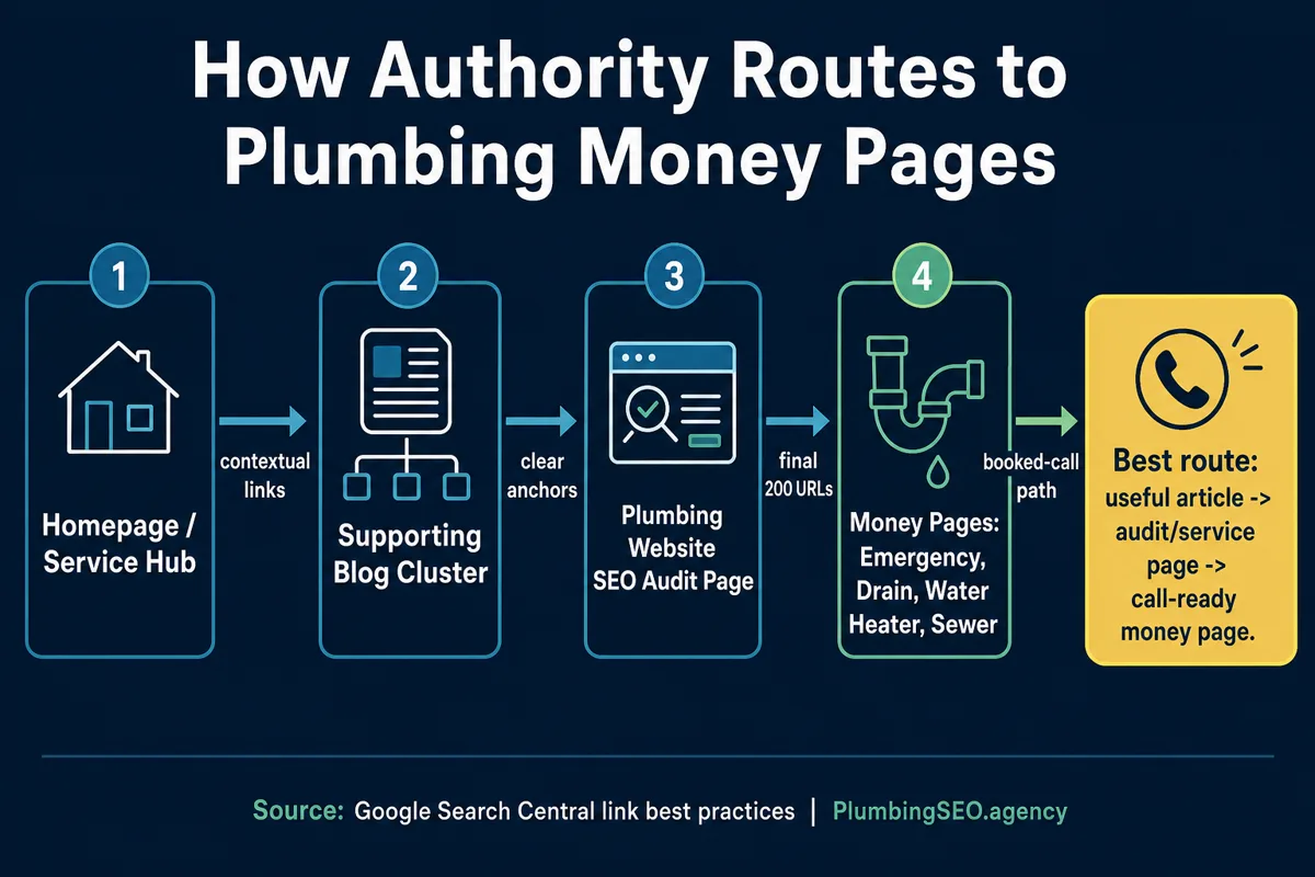 Internal link routing diagram connecting the plumbing SEO homepage, services hub, audit page, pricing page, and package pages