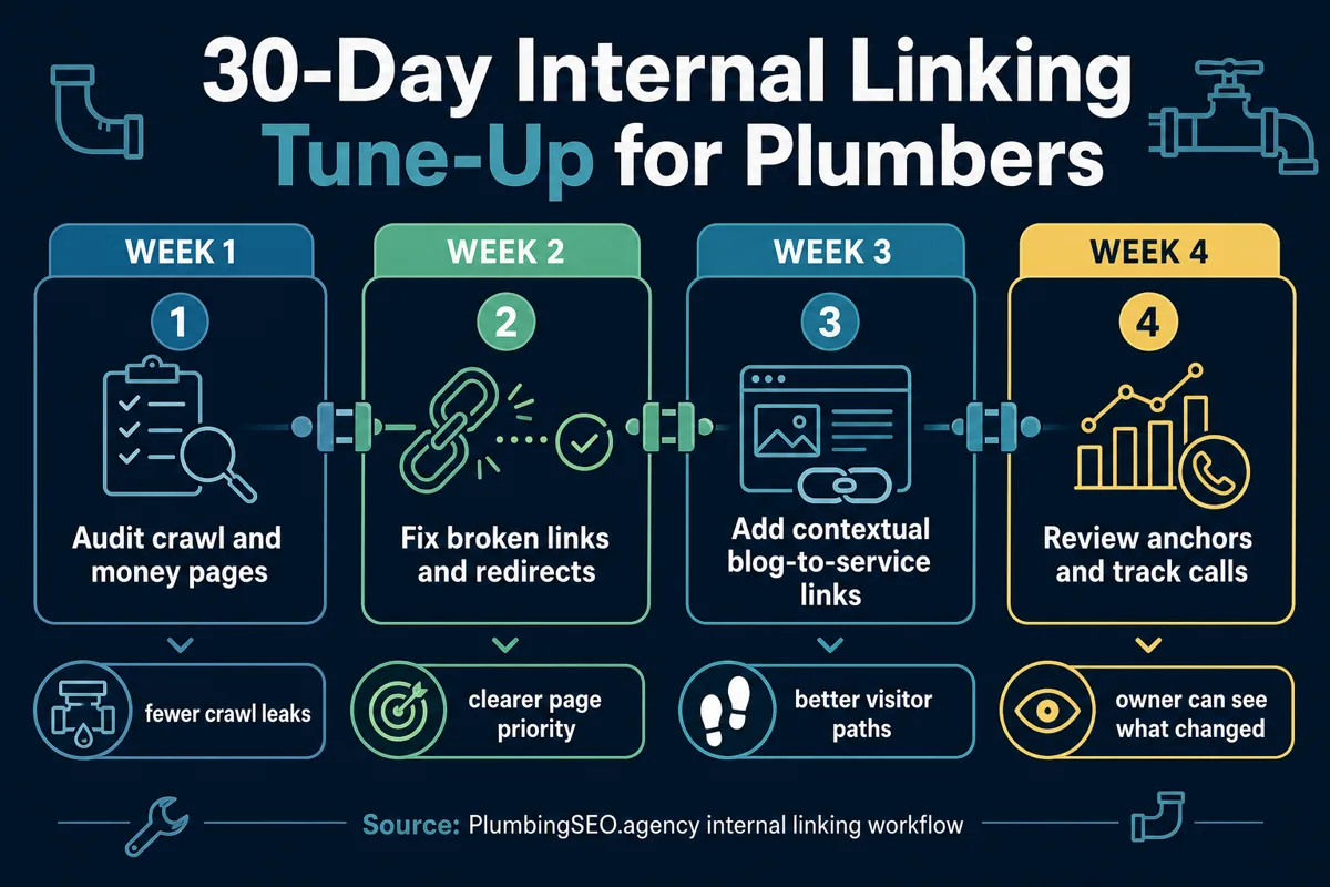 Thirty-day internal linking tune-up timeline for plumbers covering audit, broken links, contextual blog-to-service links, anchor review, and call tracking