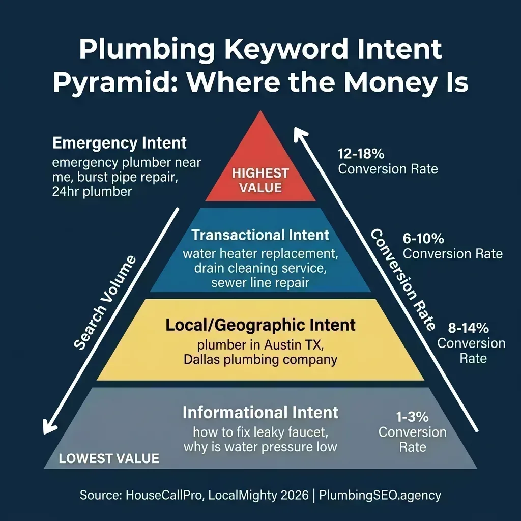 Plumbing keyword intent pyramid showing emergency intent at the top with 12-18% conversion rate, transactional intent at 6-10%, local/geographic intent at 8-14%, and informational intent at 1-3% at the bottom