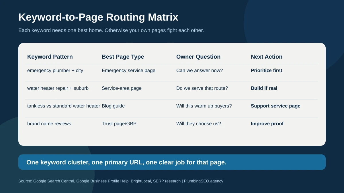 Keyword to page routing matrix for plumbing and HVAC SEO keywords