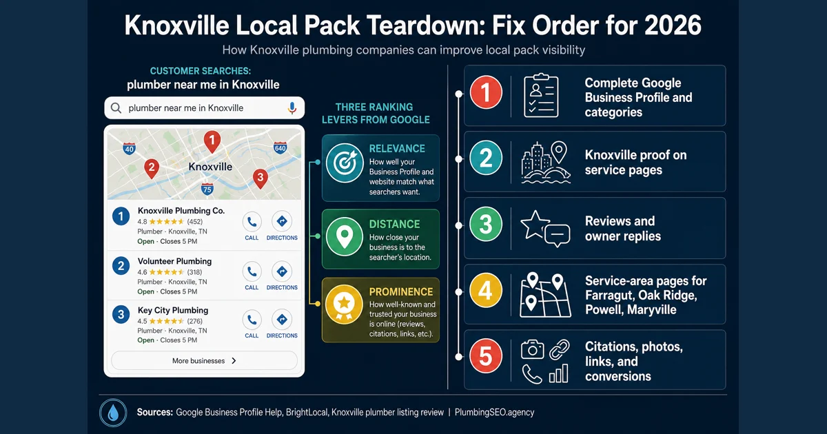 Knoxville plumbing SEO local pack teardown fix order infographic