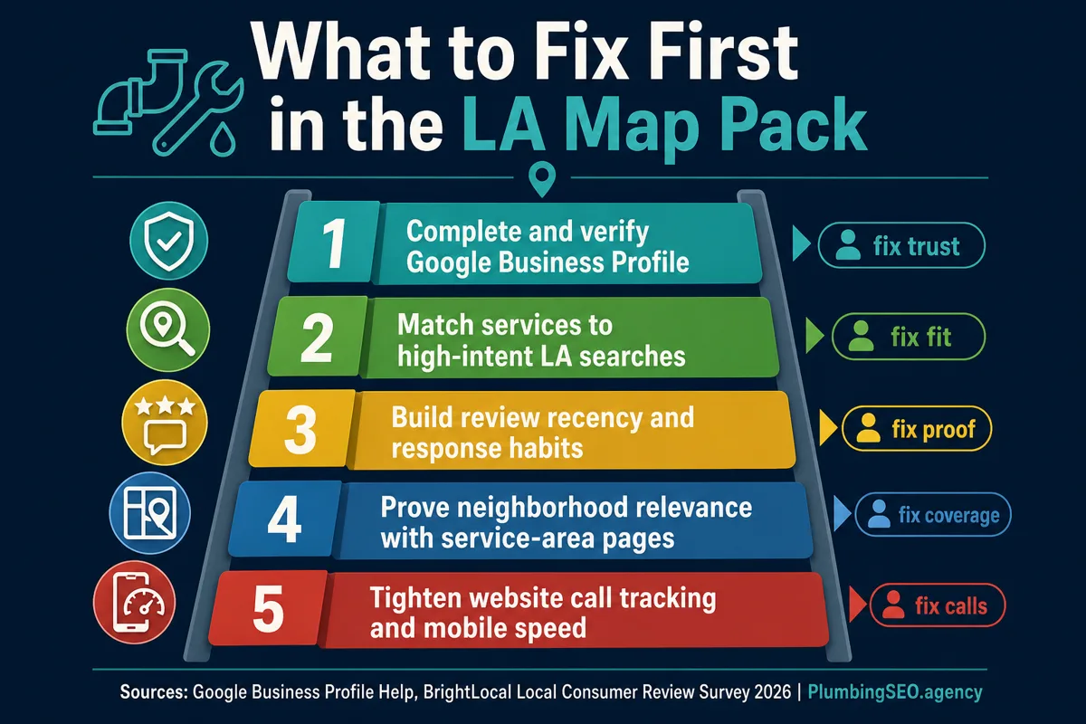 Priority ladder for Los Angeles plumbing companies showing what to fix first in the Google map pack
