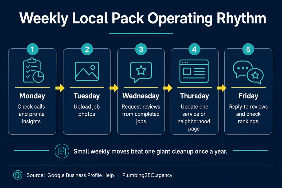 Weekly local pack workflow for Las Vegas plumbing companies to maintain Google Business Profile activity and rankings.