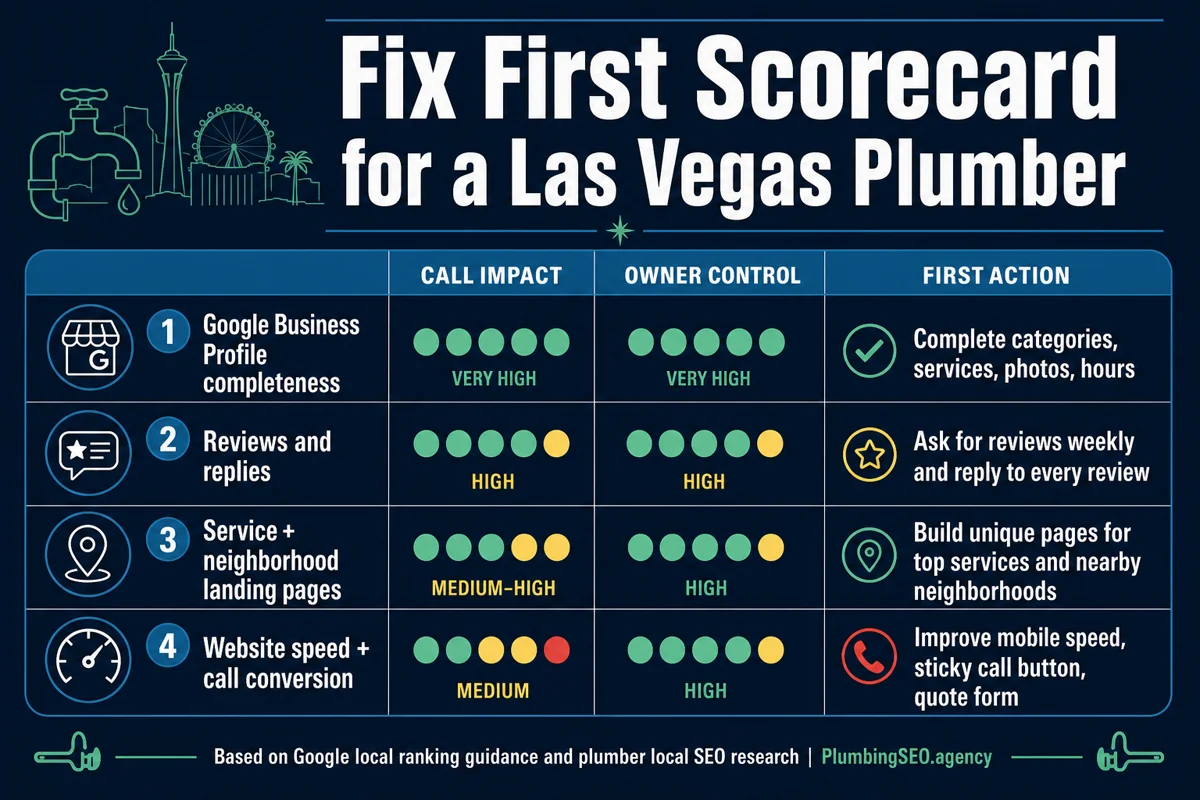 Fix-first scorecard showing which Las Vegas plumbing SEO problems to tackle first for better call impact.