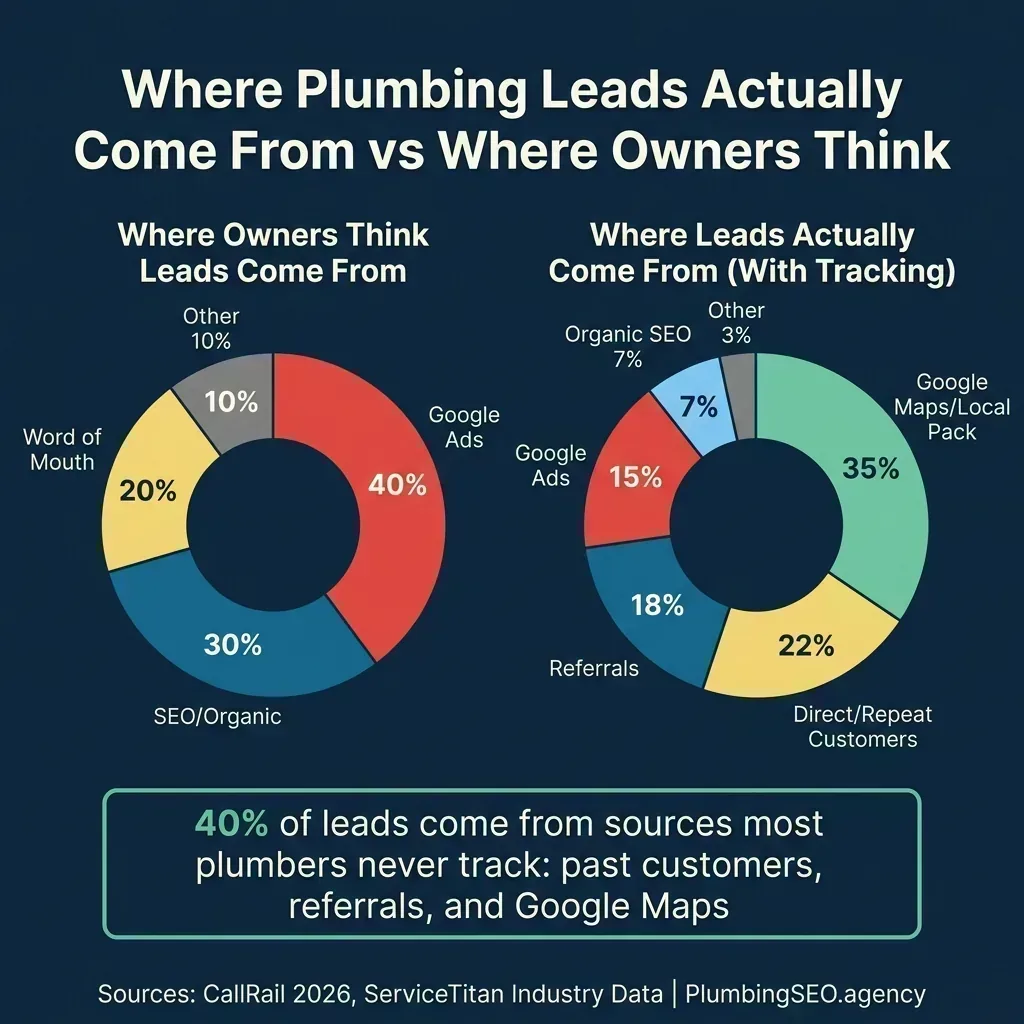Infographic comparing where plumbing company owners think leads come from versus where leads actually come from with call tracking