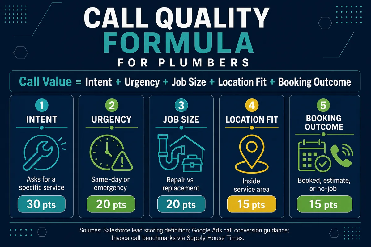Call-focused SEO reporting formula for plumbers showing qualified calls, service intent, location fit, and booked-job quality