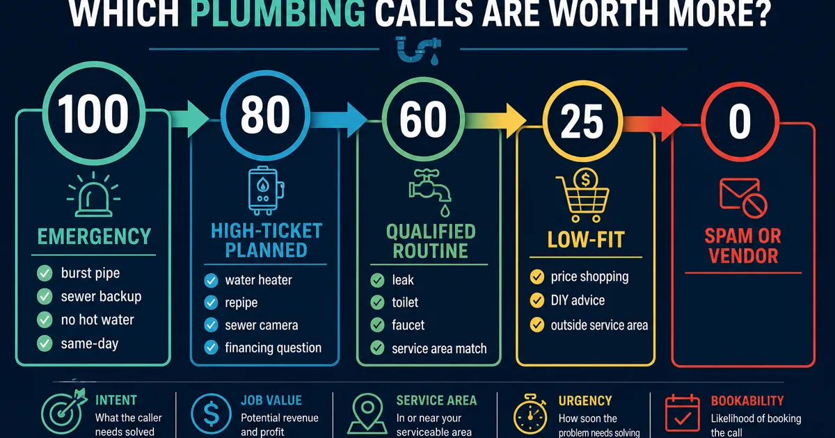 Lead quality scoring dashboard for plumbing calls by emergency value, job size, service area, and booked outcome