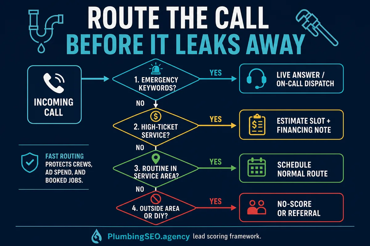 Decision tree for routing plumbing calls by emergency status, high-ticket service, routine service area fit, and no-score referral