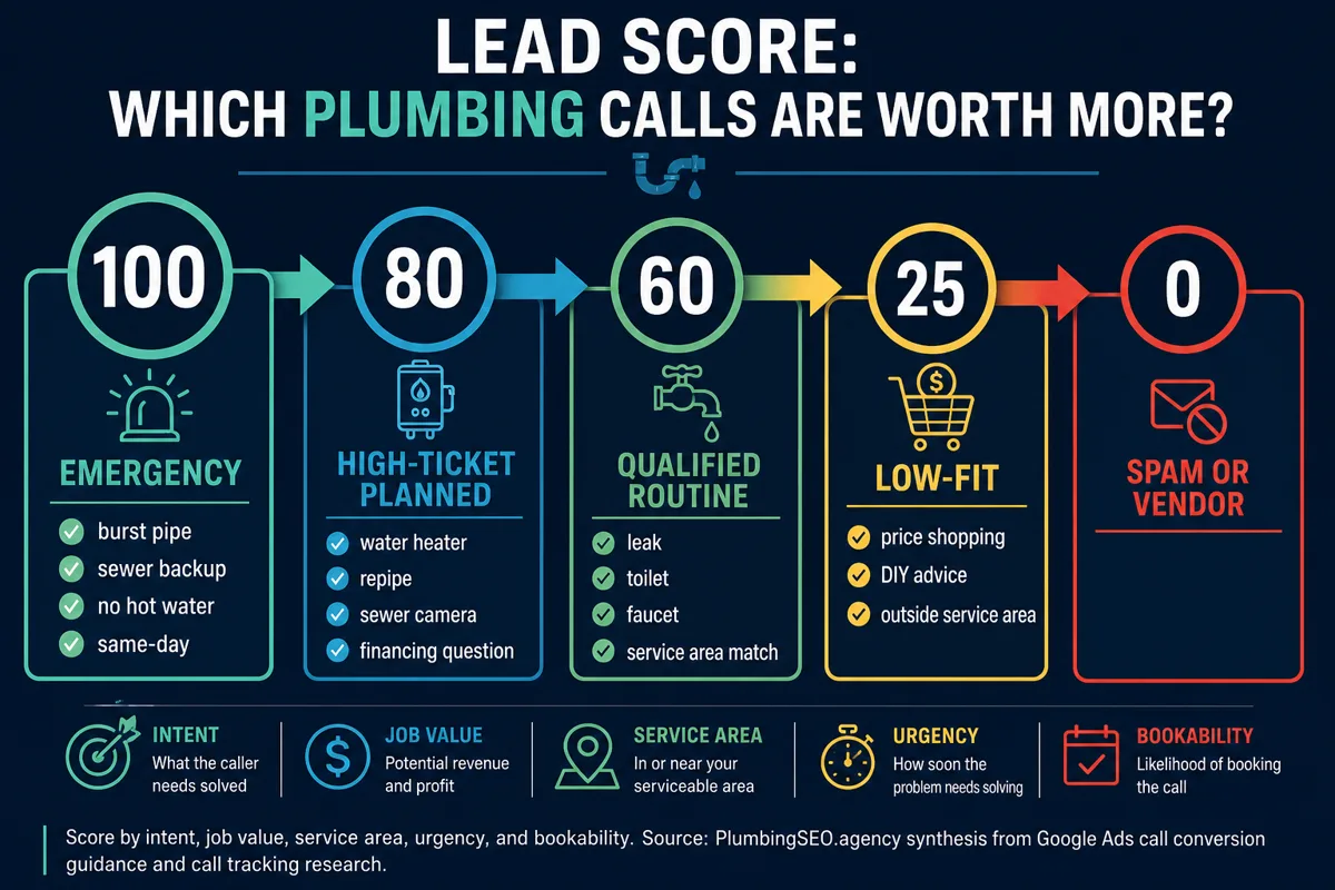 Lead quality scoring ladder for plumbing calls by emergency, high-ticket, routine, low-fit, and spam value