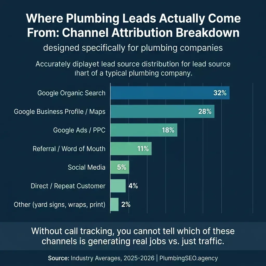 Horizontal bar chart showing where plumbing leads come from: Google Organic 32%, Google Business Profile 28%, Google Ads 18%, Referral 11%, Social Media 5%, Direct 4%, Other 2%