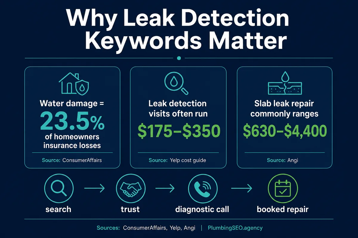 Leak detection keyword value infographic with water damage insurance share and leak repair cost ranges