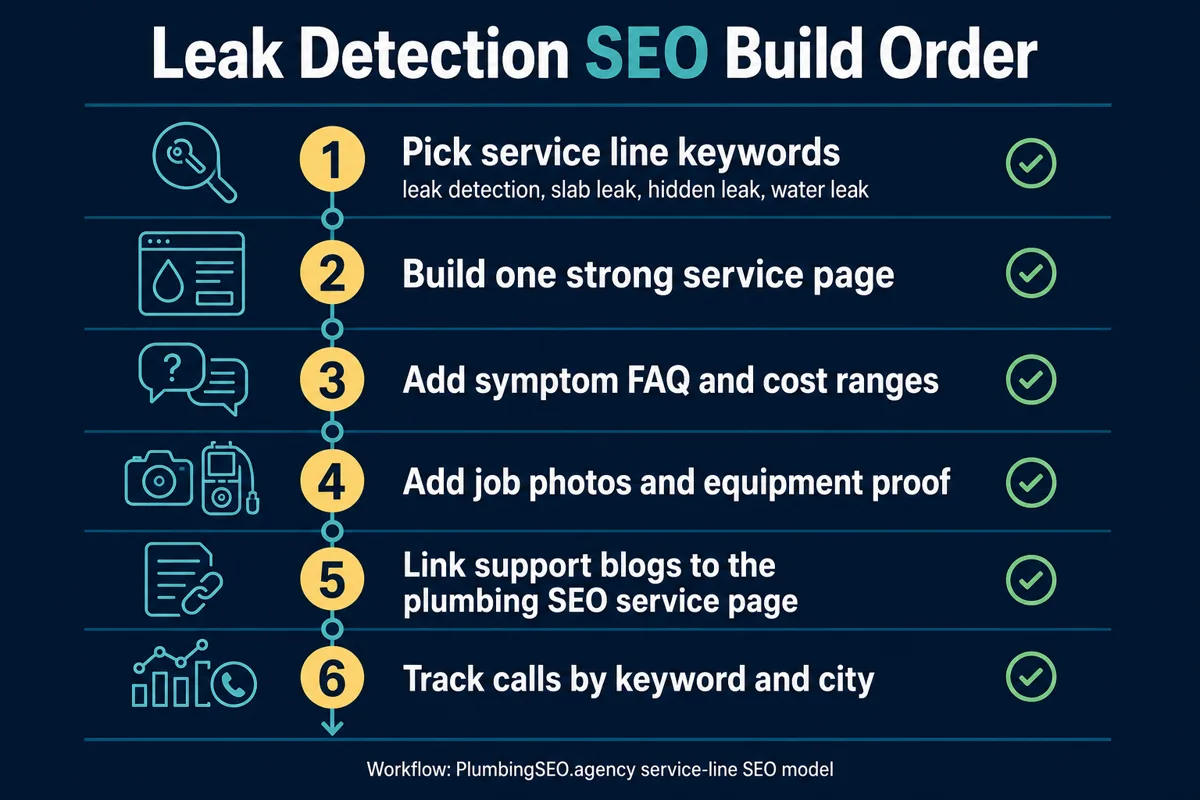 Leak detection SEO build order checklist for service-line keywords, service page proof, FAQs, links, and call tracking