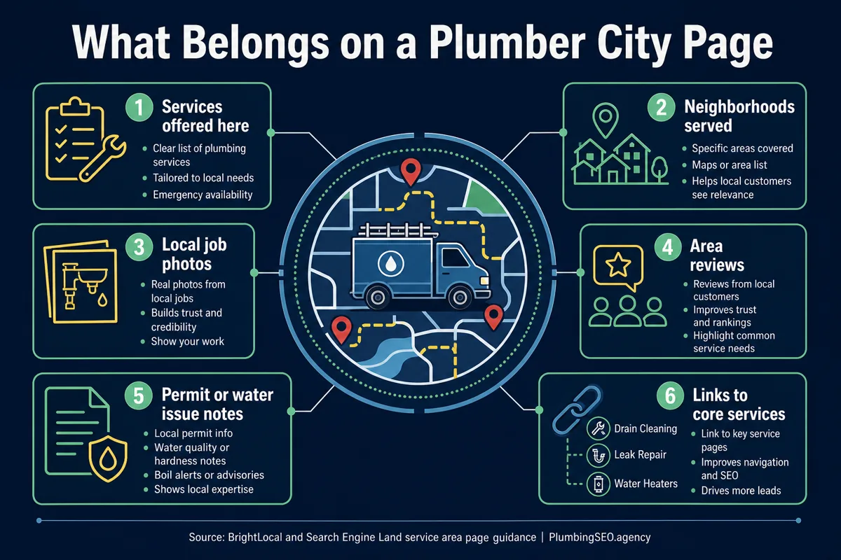 Infographic showing the proof elements that belong on a plumber city page