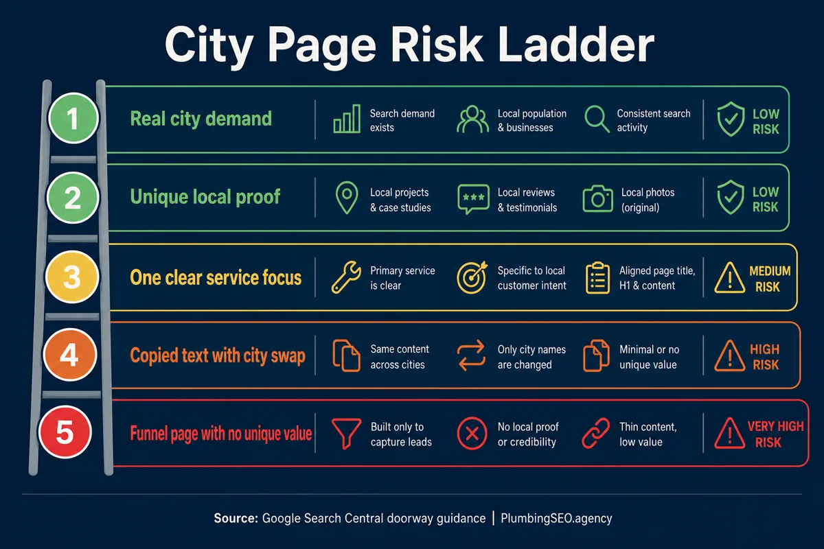 City page risk ladder for plumber local landing pages