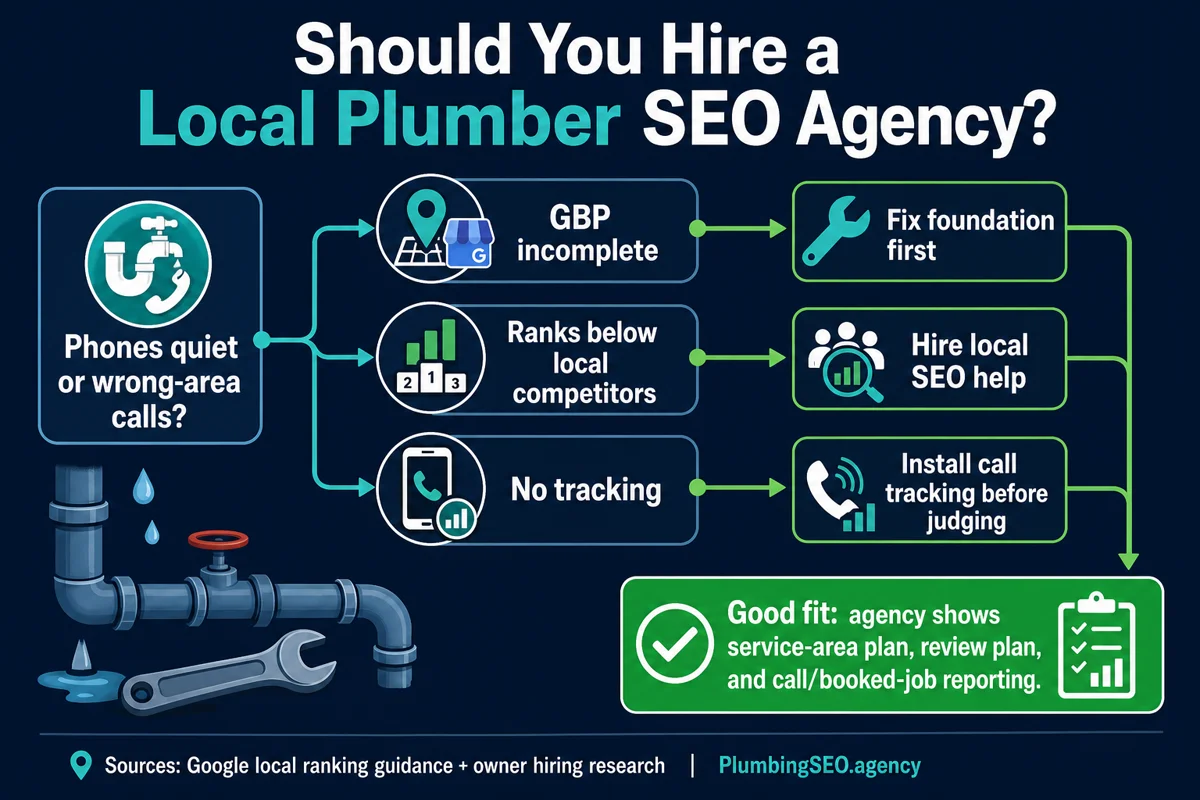 Decision tree for deciding whether to hire a local plumber SEO agency based on quiet phones, incomplete Google Business Profile, weak local rankings, and missing call tracking