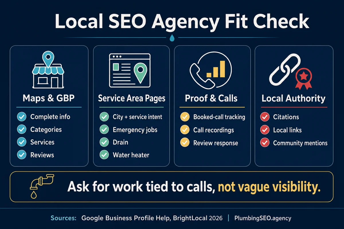 Local SEO agency fit check for plumbers covering Google Maps, service-area pages, reviews, call tracking, and local authority