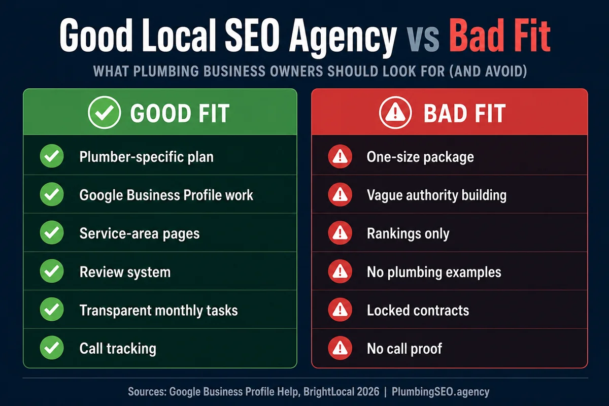 Good-fit versus bad-fit local plumber SEO agency comparison covering Google Business Profile work, service-area pages, review systems, transparent tasks, call tracking, and sales red flags