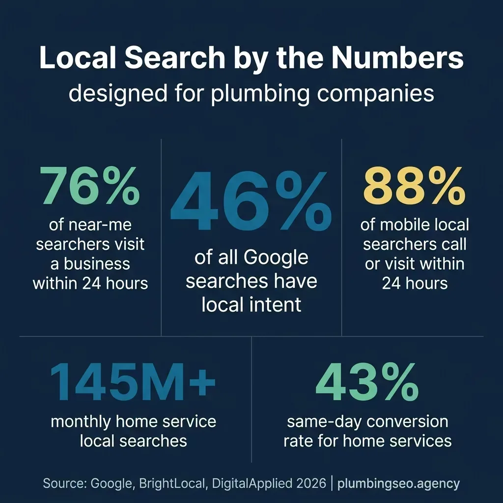Local search statistics for plumbing companies: 46% of Google searches have local intent, 76% of near-me searchers visit within 24 hours, 88% of mobile local searchers call or visit within 24 hours, 145M+ monthly home service local searches, 43% same-day conversion rate