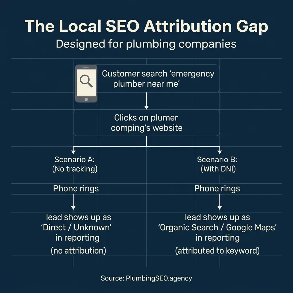 Local SEO Attribution Gap infographic showing tracking mismatch between organic searches and customer phone calls