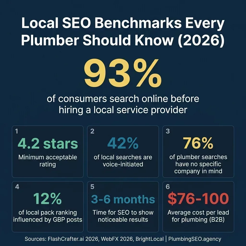 Local SEO benchmarks every plumber should know in 2026, including 93% search online, 4.2 star minimum rating, and 42% voice search