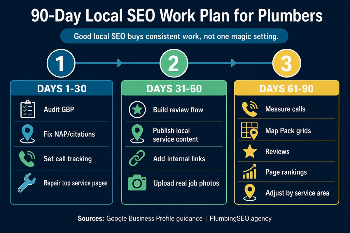 Ninety day local SEO work plan for plumbers covering GBP audit, citations, tracking, reviews, content, and measurement