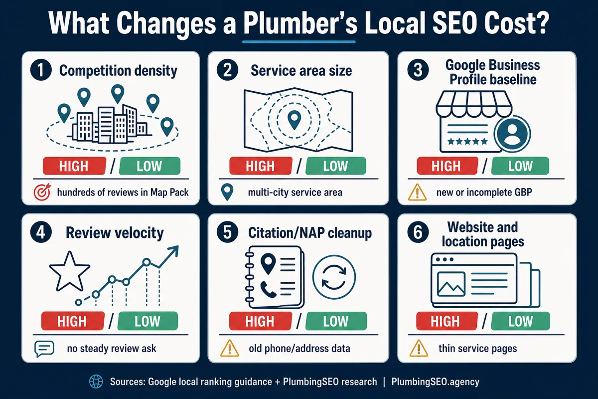 Six factors that change local SEO cost for plumbers including competition, service area, GBP baseline, reviews, citations, and service pages