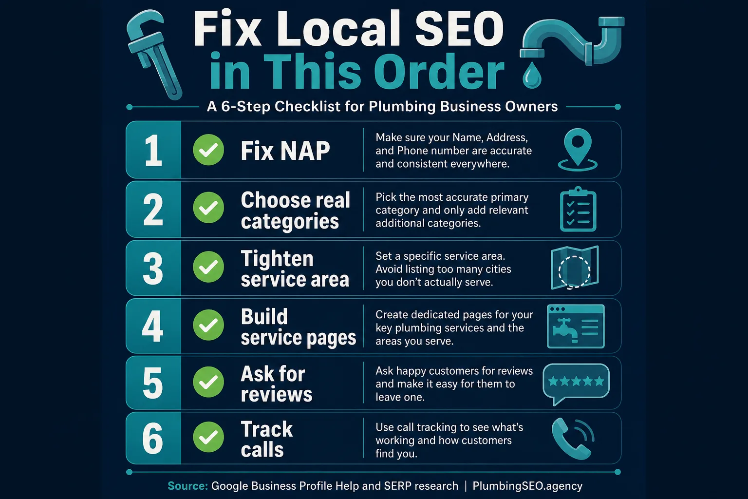 Fix-order checklist for plumbers showing the priority sequence for Google Maps SEO: GBP, reviews, citations, website proof, links, and tracking