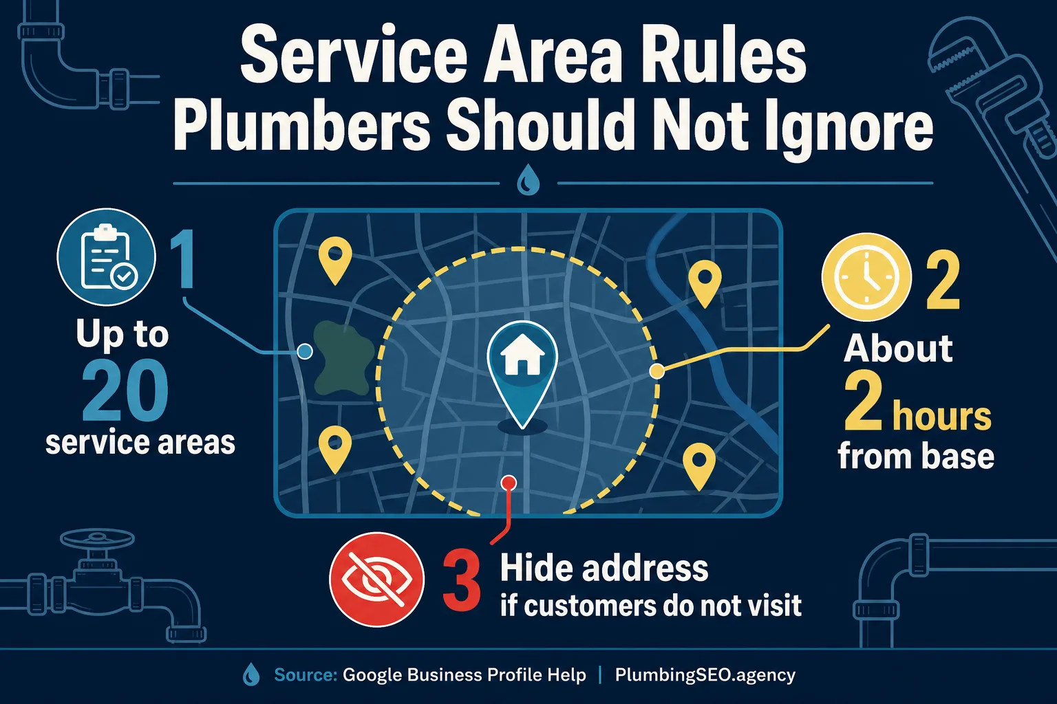 Infographic summarizing Google Business Profile service area rules for plumbers, including 20 service areas, about two hours from base, and hiding an address when customers do not visit.