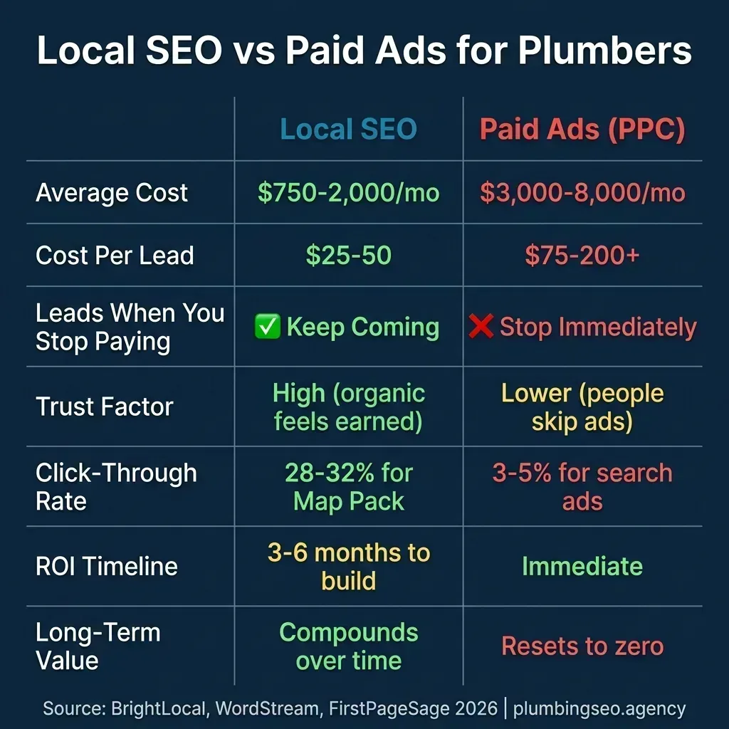 Local SEO vs Paid Ads comparison for plumbers showing cost, leads, trust factor, click-through rate, ROI timeline, and long-term value differences