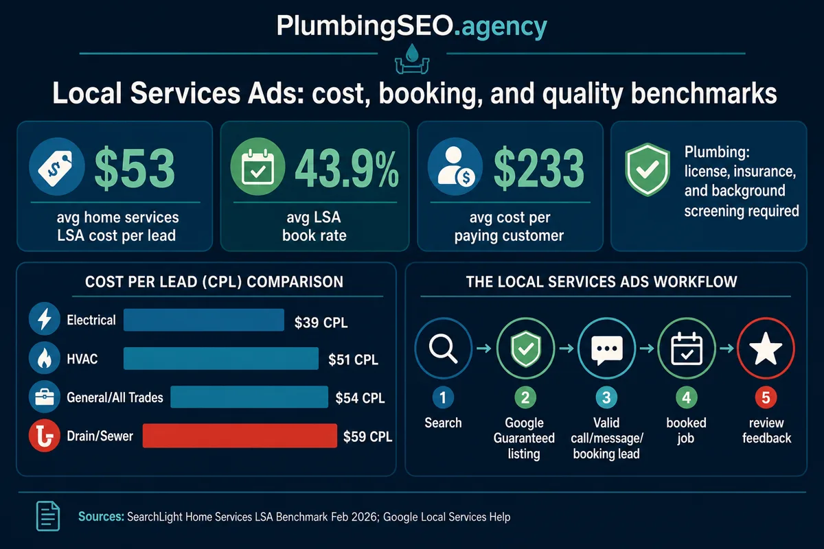 Infographic summarizing 2026 Local Services Ads cost per lead, booking rate, cost per paying customer, and plumber screening benchmarks.
