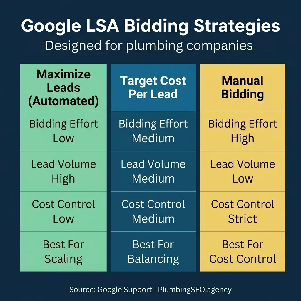 Google LSA bidding strategies matrix comparison infographic
